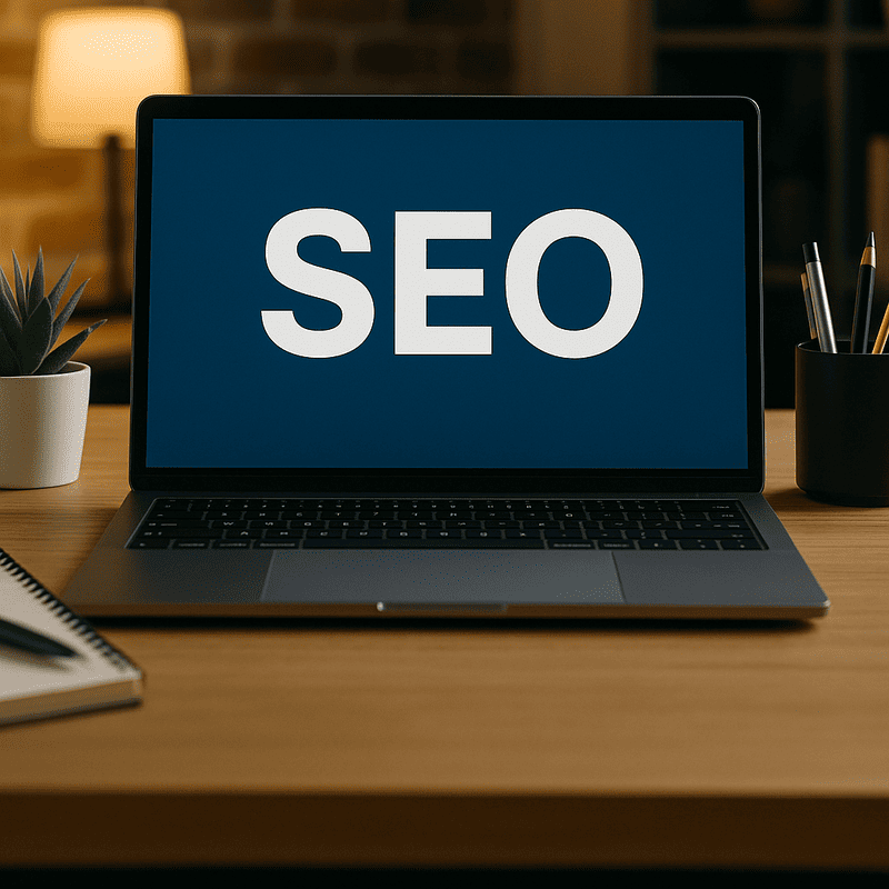 notebook em cima de uma mesa com a palavra SEO na tela