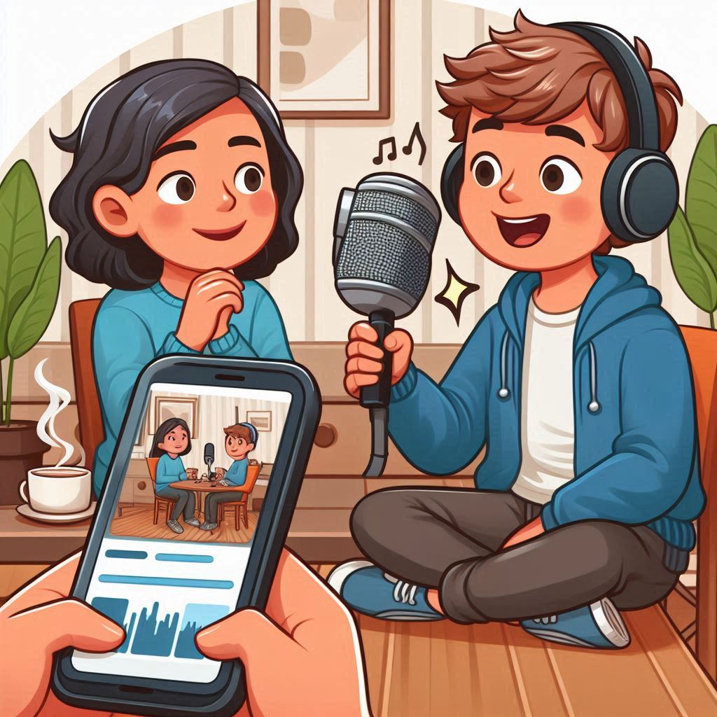 Cartoon com dois bonecos conversando e uma pessoa filmando com celular