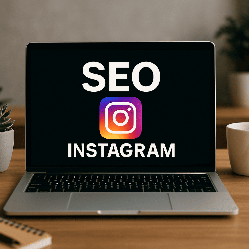 Notebook com as palavras SEO e INSTAGRAM na tela, com o logotipo do instagram no centro